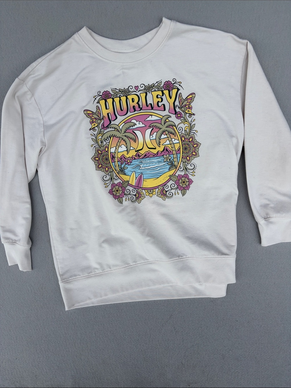 Hurley White Crewneck with Pink Yellow Blue Beach Graphic